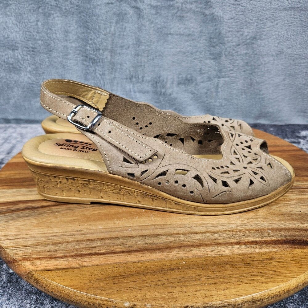 SPRING STEP Orella Slingback Wedge Sandals Womens 7.5 EU 38 Brown Leather Italy